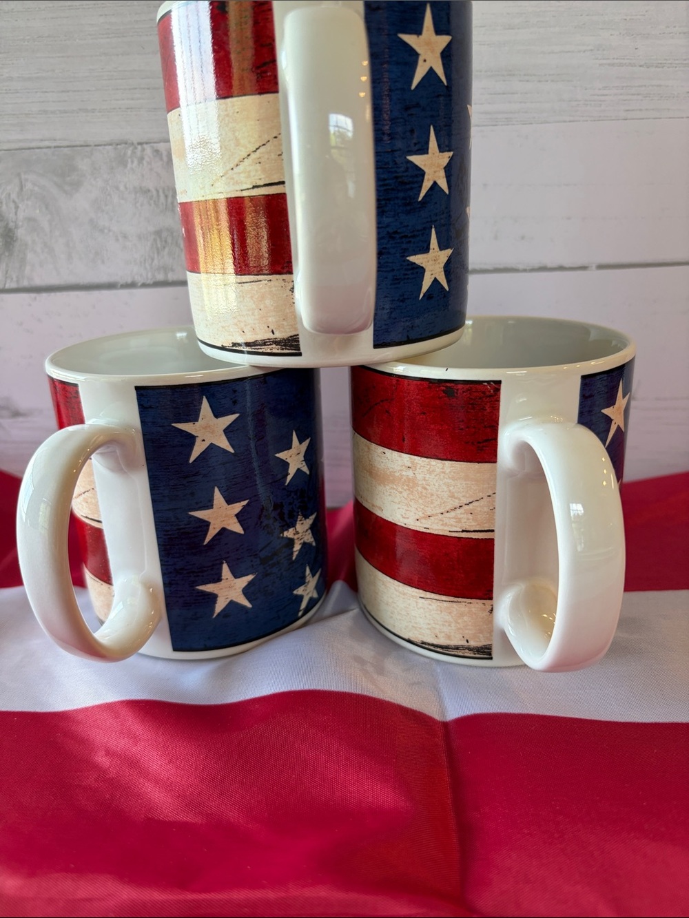 American Flag Ceramic Coffee Mug - White Handle, Red & Blue Stars & Stripes